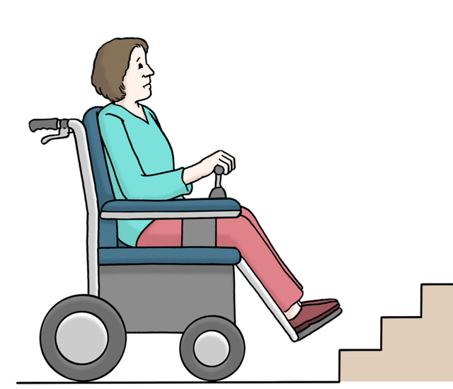 Illustration: Frau mit Rollstuhl steht vor einer Treppe; keine Barrierefreiheit - copyright:Lebenshilfe für Menschen mit geistiger Behinderung Bremen e.V.