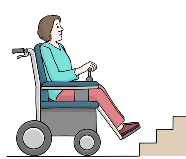 Illustration: Frau mit Rollstuhl steht vor einer Treppe; keine Barrierefreiheit - copyright:Lebenshilfe für Menschen mit geistiger Behinderung Bremen e.V.