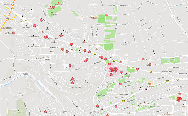 Kartenansicht: Schlechte Erreichbarkeit der Wilferdinger Höhe (zu Fuß/mit Rollstuhl, Fahrrad/E-Bike, ÖPNV) - copyright:Kartenausschnitt: OpenStreetMap / Grafische Bearbeitung: Kokonsult