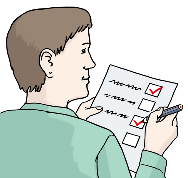 Illustration: Ein Mann hakt eine Liste ab: Kontrolle. - copyright:Lebenshilfe für Menschen mit geistiger Behinderung Bremen e.V.