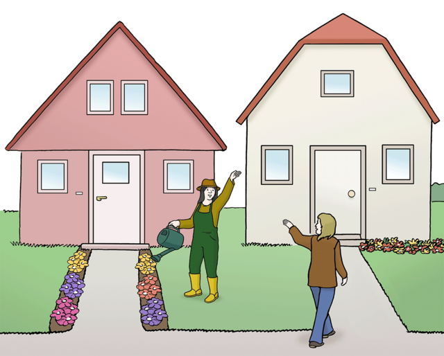 Illustration: Zwei nebeneinander wohnende Menschen winken einander zu: Nachbarschaft. - copyright:Lebenshilfe für Menschen mit geistiger Behinderung Bremen e.V.