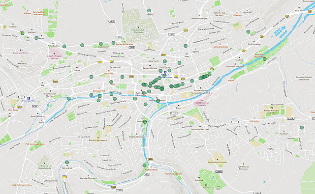 Kartenansicht: Gesamtübersicht positive Beispiele für die Straßenraumaufteilung (alle Verkehrsarten) - copyright:Kartenausschnitt: OpenStreetMap / Grafische Bearbeitung: Kokonsult