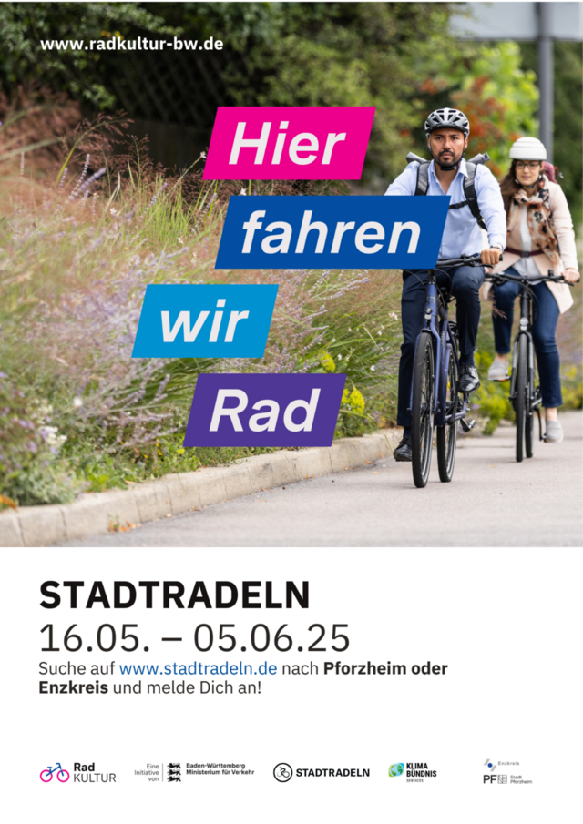 Plakat mit 2 Radfahrenden und STADTRADELN Text. Der Aktionszeitraum geht vom 16. Mai bis 5. Juni  - copyright:RadKULTUR BW