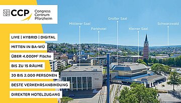 Ansicht des CongressCentrum Pforzheim CCP mit Blick auf Parkhotel, Stadtkirche und den Nordschwarzwald mit USP-Punkten