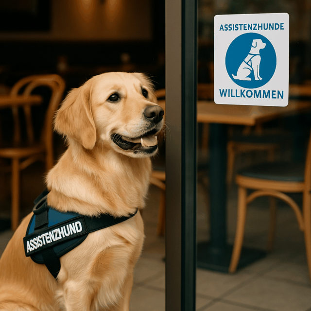 Ein gelber Labrador mit schwarz-blauer Weste mit der Aufschrift "Assistenzhund" sitzt vor einem Restaurant. Auf der Scheibe des Restaurants ist ein Aufkleber: Assistenzhunde Willkommen. - copyright:Stadt Pforzheim