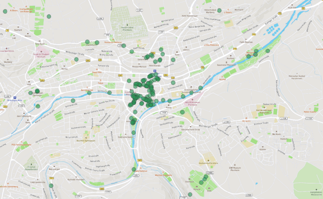 Kartenansicht: Gesamtübersicht Straßenräume mit hoher Aufenthaltsqualität (alle Verkehrsarten) - copyright:Kartenausschnitt: OpenStreetMap / Grafische Bearbeitung: Kokonsult