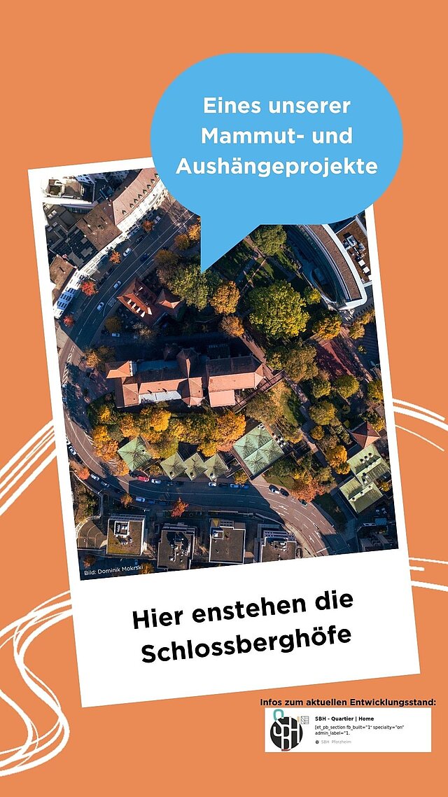 Infofolie mit Drohnenbild zu Standort für neues Bauprojekt: "Schlossberghöfe" - copyright:Stadt Pforzheim