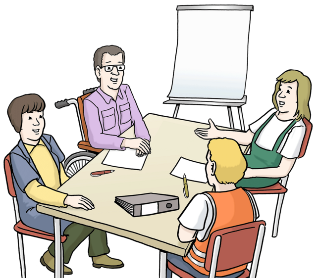 Illustration: Vier Mitarbeitende einer Werkstatt sitzen an einem Tisch: Werkstattbeirat - copyright:Lebenshilfe für Menschen mit geistiger Behinderung Bremen e.V.