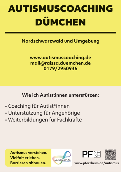 Auf dem Bild steht: Autismuscoaching Dümchen in Nordschwarzwald und Umgebung: Wie ich Autist:innen unterstützen: Coaching für Autist:innen, Unterstützung für Angehörige, Weiterbildungen für Fachkräfte - copyright:Lena Gasde
