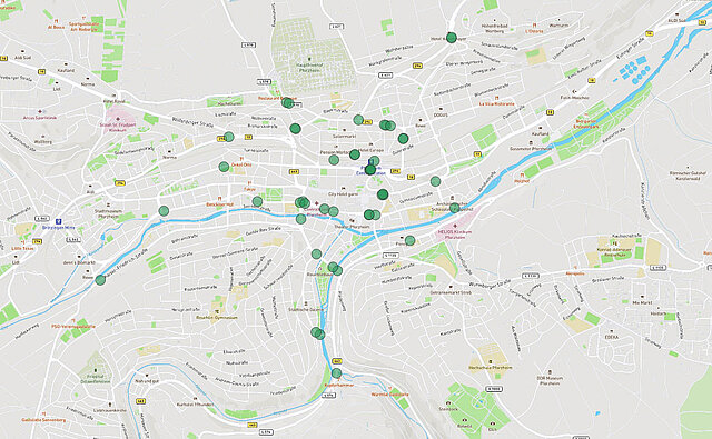 Kartenansicht: Gesamtübersicht gut zu überquerender Straßenbereiche (zu Fuß/mit Rollstuhl, Fahrrad/E-Bike) - copyright:Kartenausschnitt: OpenStreetMap / Grafische Bearbeitung: Kokonsult