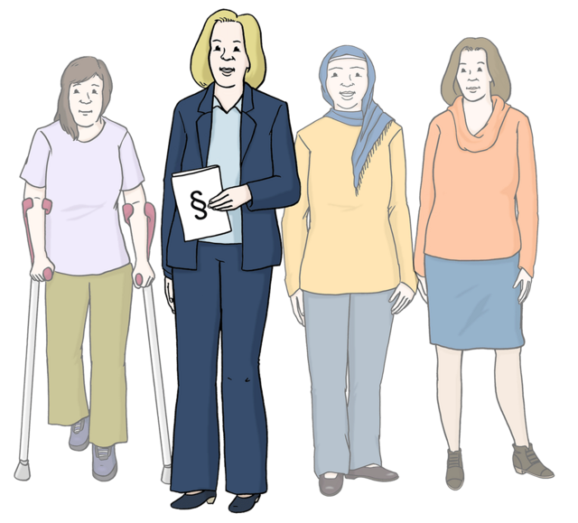 Illustration: Frau im Vordergrund, verschiedene Frauen im Hintergrund: Eine Frauenbeauftragte. - copyright:Lebenshilfe für Menschen mit geistiger Behinderung Bremen e.V.