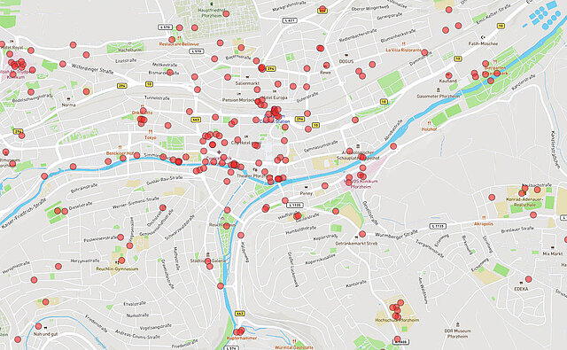Kartenausschnitt: Schlechte Infrastruktur für den Radverkehr in der Gesamtstadt (Fahrrad/E-Bike) - copyright:Kartenausschnitt: OpenStreetMap / Grafische Bearbeitung: Kokonsult