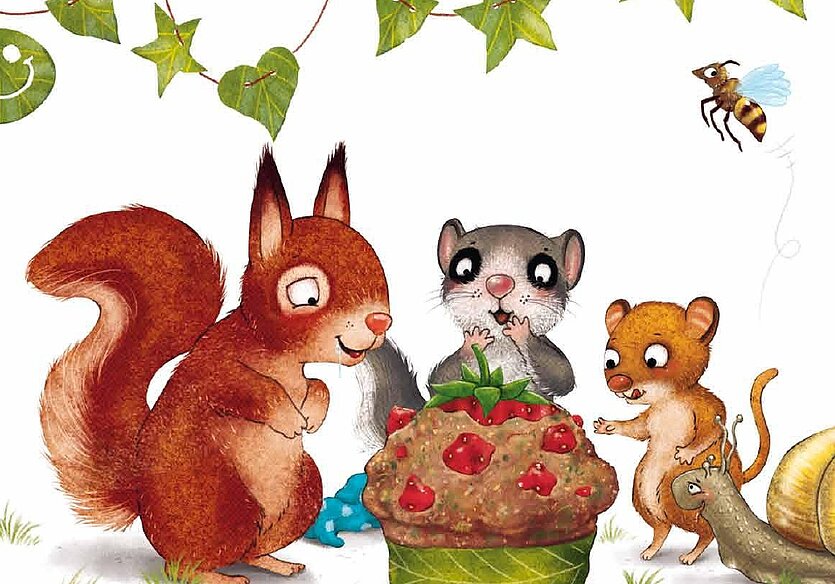 Farbige Illustration von einem Eichhörnchen, Siebenschläfer und einer Maus um einen Muffin - copyright: Thienemann-Esslinger Verlag GmbH - Ersteller: Thienemann-Esslinger Verlag GmbH