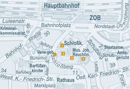 Stadtplan von Pforzheim 2015: Schloßkirche, Reuchlinkolleg und Leitgastturm - copyright:Stadt Pforzheim