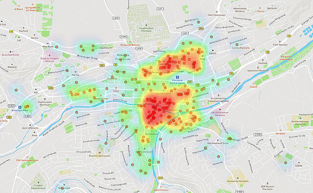 Kartenansicht: Gesamtübersicht störende parkende Fahrzeuge im Kernstadtbereich (1) - copyright:Kartenausschnitt: OpenStreetMap / Grafische Bearbeitung: Kokonsult