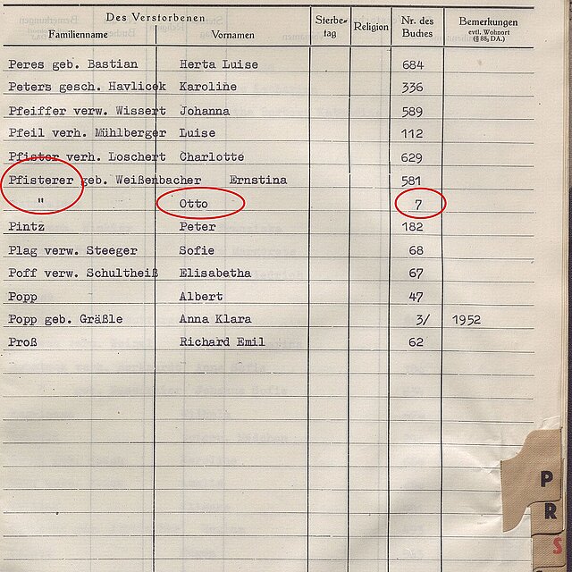 Namensverzeichnis zum Sterbebuch des Jahres 1951 sowie Eintrag Nr. 7 in diesem Band zum Tod von Otto Pfisterer (rot gekennzeichnet), Stadtarchiv Pforzheim, B35-229. - copyright:Stadtarchiv Pforzheim