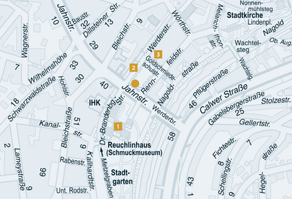 Der Goldschmiedeschulplatz mit Reuchlinhaus und Stadtgarten auf dem Pforzheimer Stadtplan von 2015. - copyright:Stadt Pforzheim