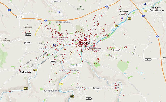 Kartenansicht: Gesamtübersicht schlecht zu erreichender Orte (alle Verkehrsarten) - copyright:Kartenausschnitt: OpenStreetMap / Grafische Bearbeitung: Kokonsult