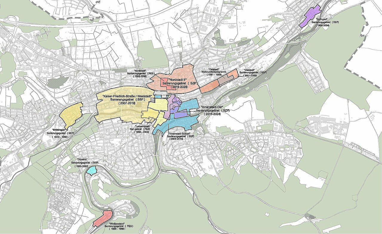 Stadtplan mit Übersicht aller Sanierungsgebiete