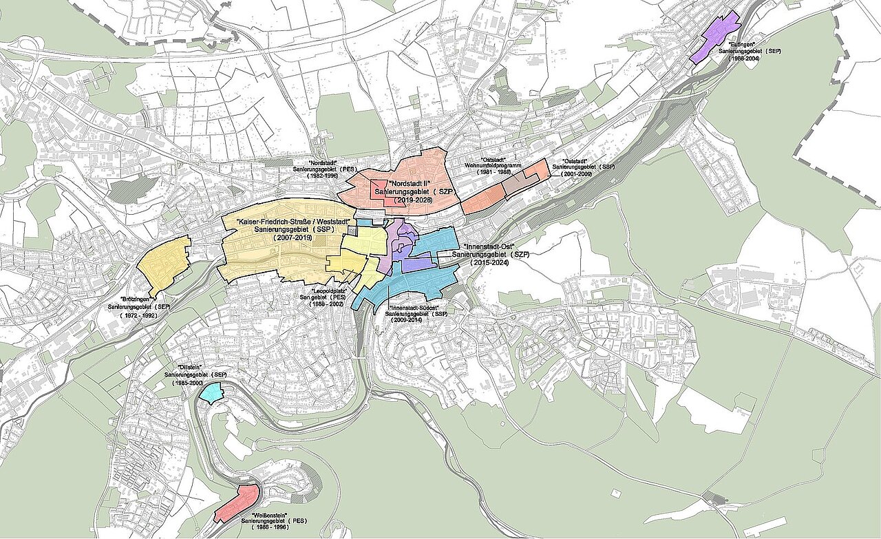 Stadtplan mit Übersicht aller Sanierungsgebiete