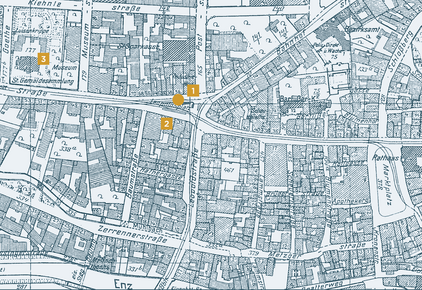 Pforzheimer Stadtplan von 1941 mit Markierungen der beschriebenen Orte und Gebäude. - copyright:Stadt Pforzheim