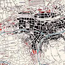 Map of Pforzheim with the destroyed areas marked. - copyright:Stadtarchiv Pforzheim – Institut für Stadtgeschichte, S6-322