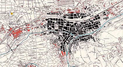 Karte von Pforzheim mit Markierung der zerstörten Flächen. - copyright:Stadtarchiv Pforzheim – Institut für Stadtgeschichte, S6-322