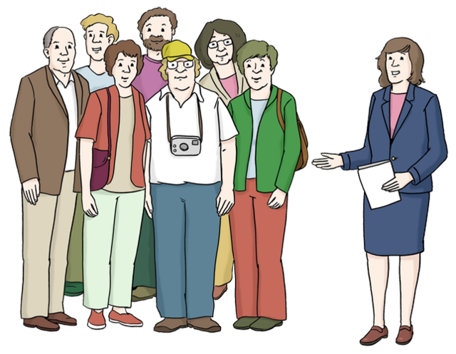 Illustration: Reisegruppe mit Reiseführerin - copyright:Lebenshilfe für Menschen mit geistiger Behinderung Bremen e.V.