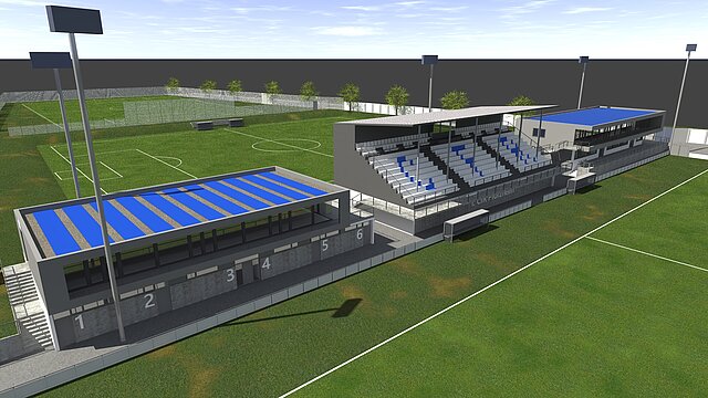 Bild zeigt die Tribüne und das Clubhaus mit einer PV-Anlage auf dem Dach