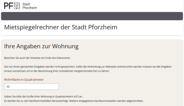 Bild des Mietspiegelrechners der Stadt Pforzehim - copyright:Kommunale Statistikstelle - Stadt Pforzheim