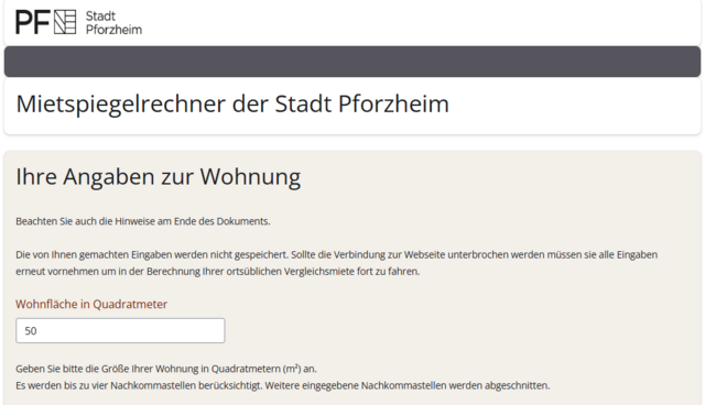 Bild des Mietspiegelrechners der Stadt Pforzehim - copyright:Kommunale Statistikstelle - Stadt Pforzheim