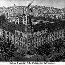 Black and white photo: The Kollmar & Jourdan jewellery and watch chain factory around 1910. - copyright:Stadtarchiv Pforzheim – Institut für Stadtgeschichte, S1-7-2-Kollmar-Jourdan-R-3