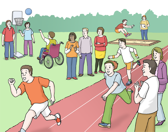 Illustration: Menschen mit und ohne Behinderung machen Sport auf einem Sportfest - copyright:Lebenshilfe für Menschen mit geistiger Behinderung Bremen e.V.
