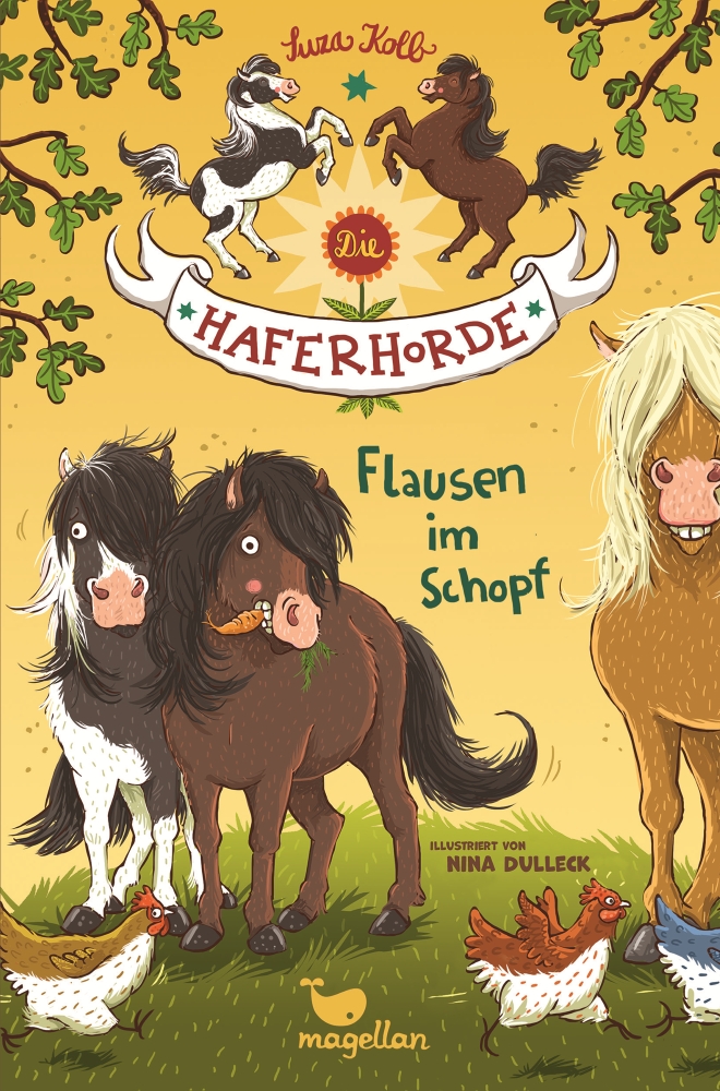 Buchcover mit dem Schriftzug Haferhorde - Nur Flausen im Schopf. Illustrationen von drei Shettlandponys - copyright: Magellan Verlag - Ersteller: Magellan Verlag