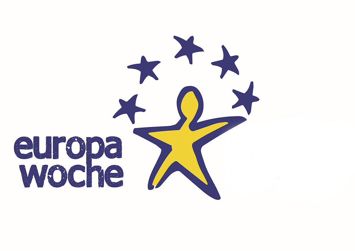 Logo der Europawoche: Blaue Schrift, gelbes Männchen symbolisiert gelben EU-Stern