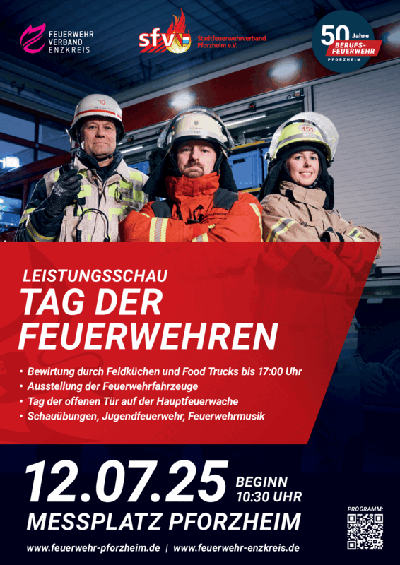 Plakat: Tag der Feuerwehren am 12.07.2025 - copyright: Stadtfeuerwehrverband Pforzheim und Feuerwehrverband Enzkreis - Ersteller: Stadtfeuerwehrverband Pforzheim und Feuerwehrverband Enzkreis