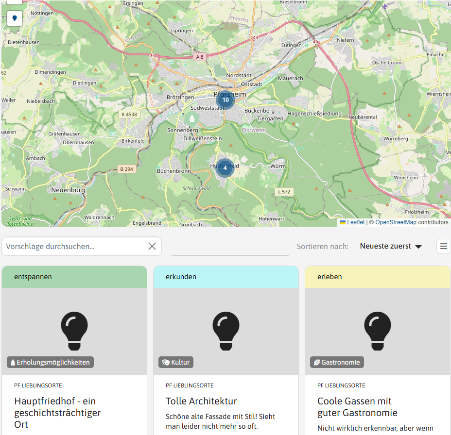 Screenshot: Mitmachplattform Pforzheim - Projekt: Lieblingsorte - copyright:Stadt Pforzheim