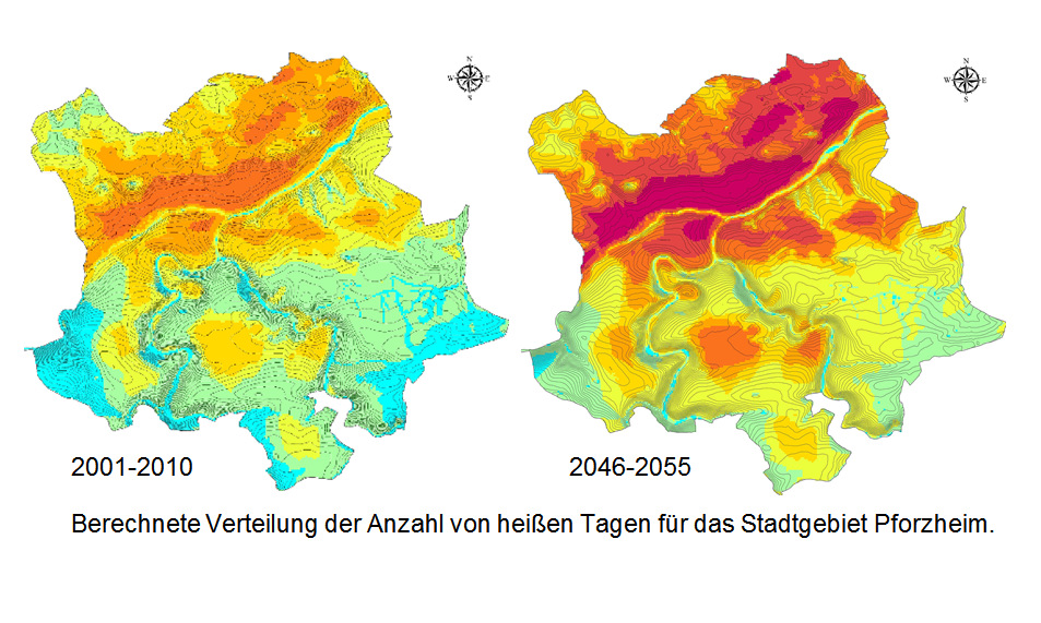 Bild: Karten Berechnete Verteilung der Anzahl von heißen Tagen für das Stadtgebiet Pforzheim